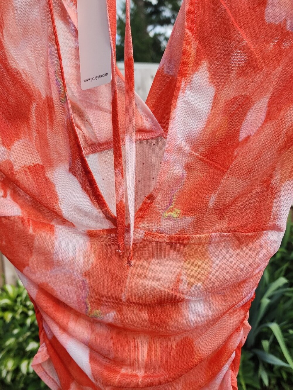 Privy Lethal Looks Rhinestone VNeck TieBack Sheer Lng Sleeve Blouse Orange White - Picture 6 of 15